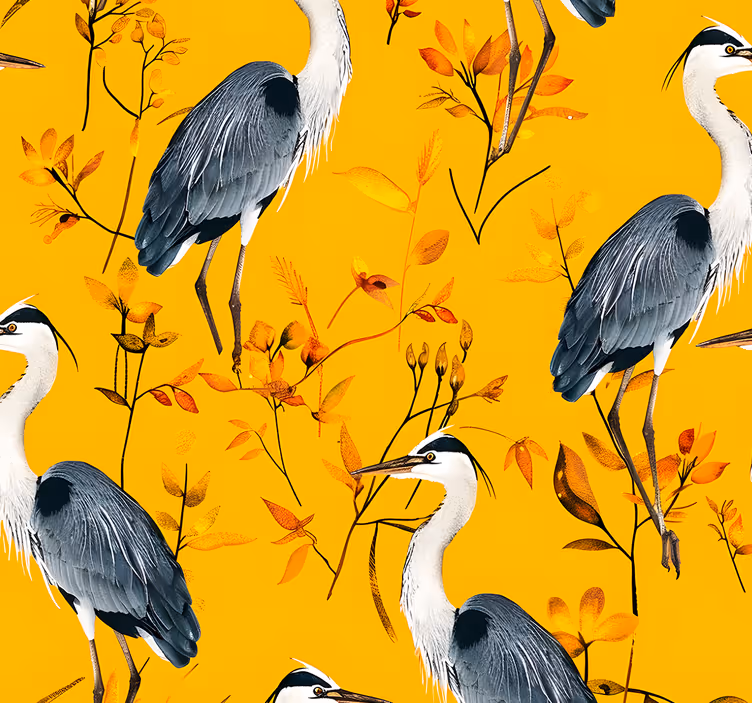 Papel pintado amarillo patrón de garzas - TenVinilo