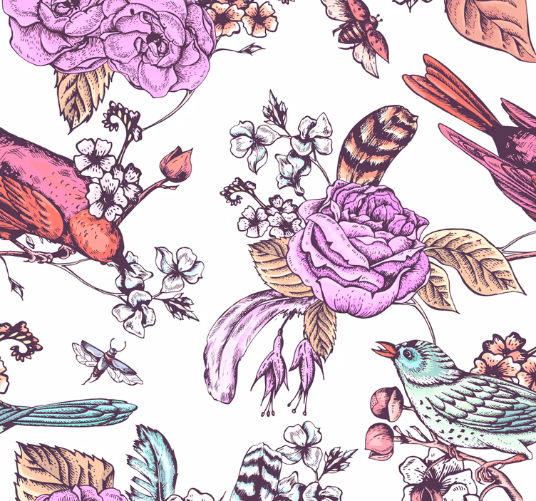 Papel pintado de flores diseño floral de pájaros - TenVinilo