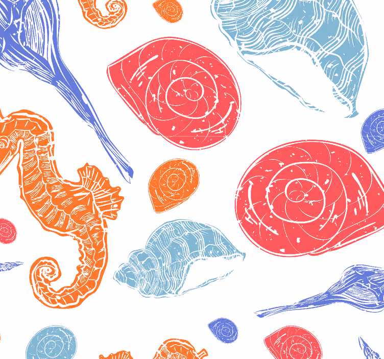 Papel pintado peces patrón de conchas y caballitos de mar - TenVinilo
