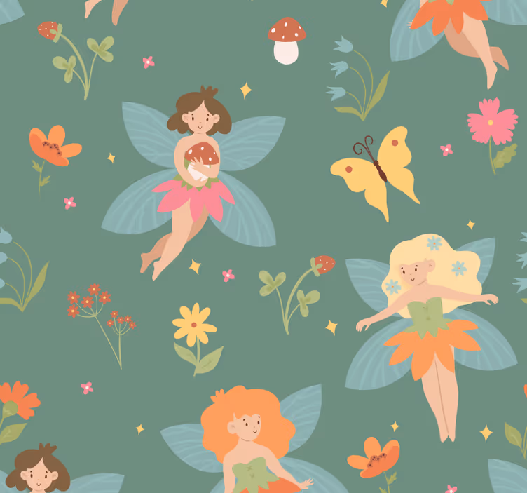 Papel pintado bebé patrón floral de hadas - TenVinilo