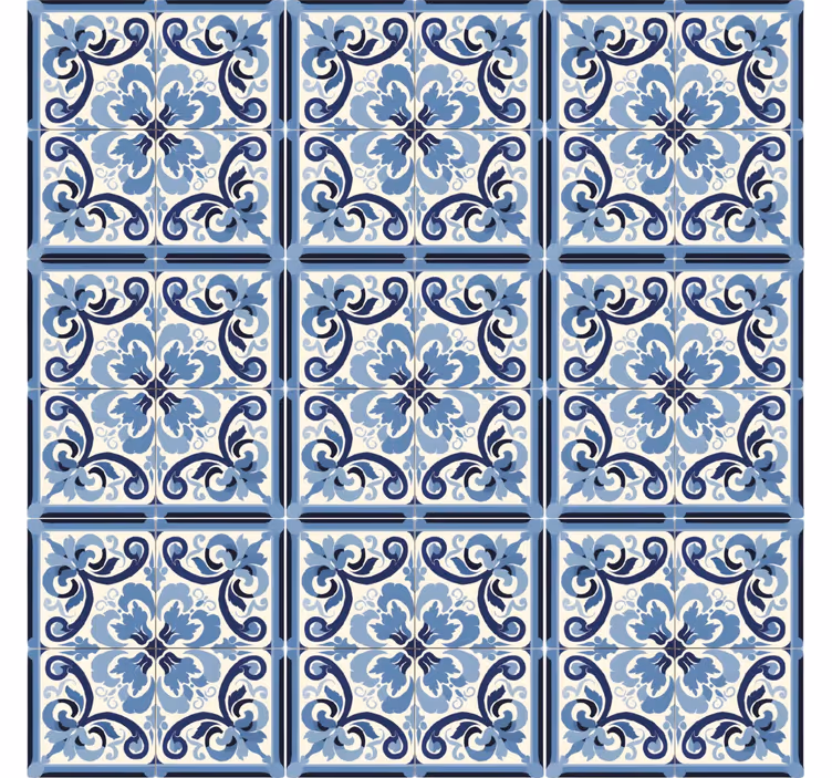 Papel pintado azulejos patrón floral azul y blanco - TenVinilo