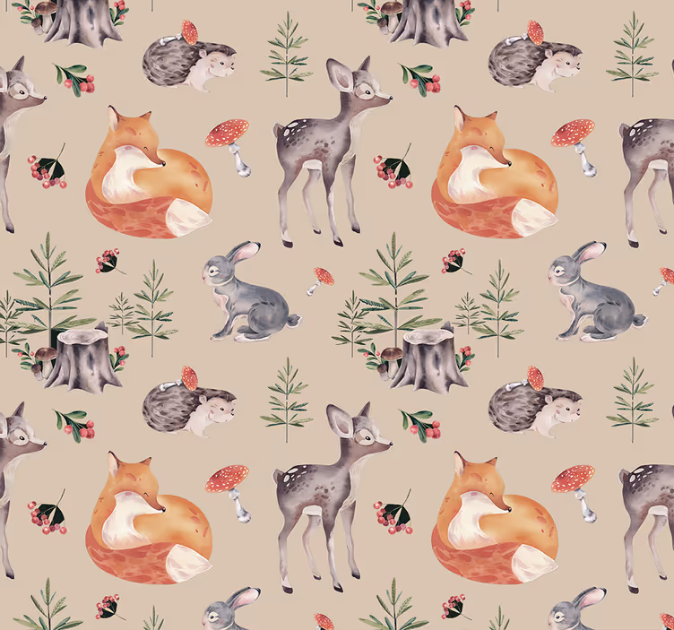 Papel pintado animales patrón de bosque para niños - TenVinilo