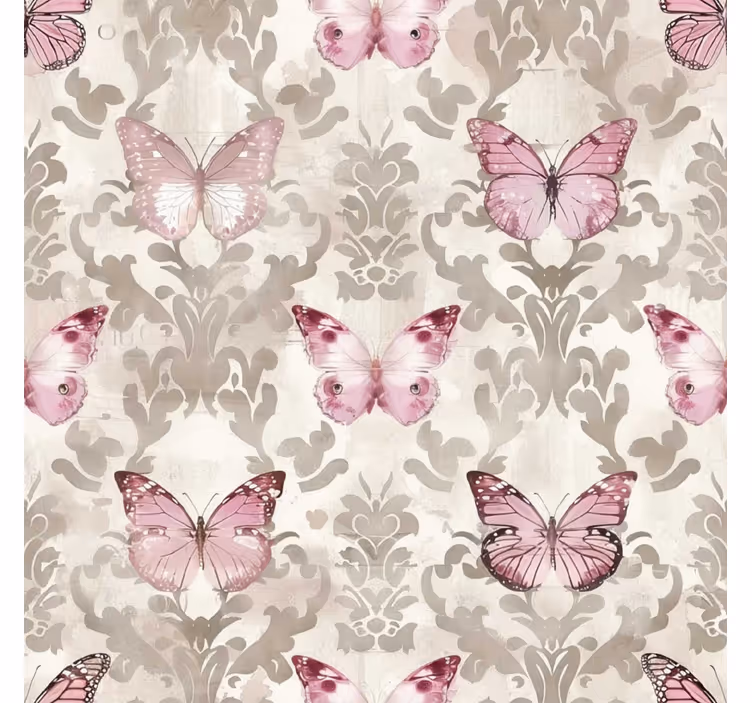 Papel pintado barroco patrón de mariposas rosadas - TenVinilo