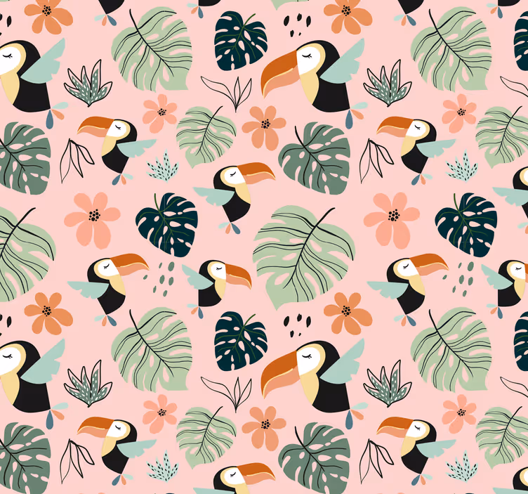 Papel pintado infantil pájaros tucanes y hojas - TenVinilo