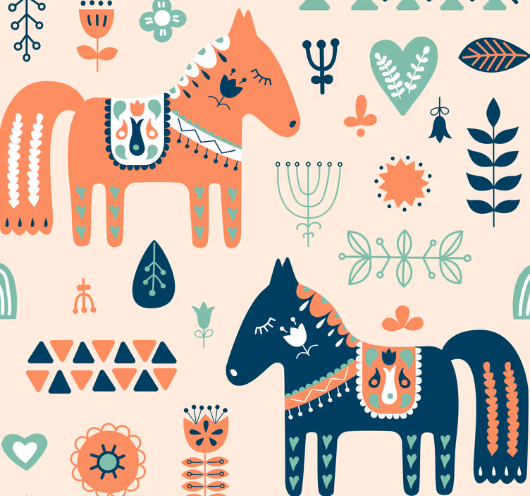 Papel pintado infantil caballos patrón nórdico - TenVinilo