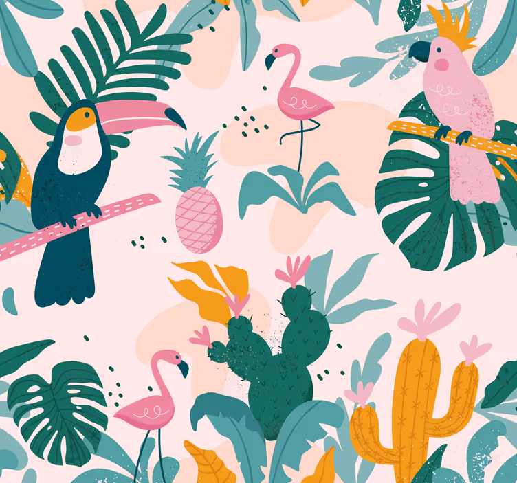 Papel pintado juvenil pájaros y hojas sobre fondo rosa - TenVinilo
