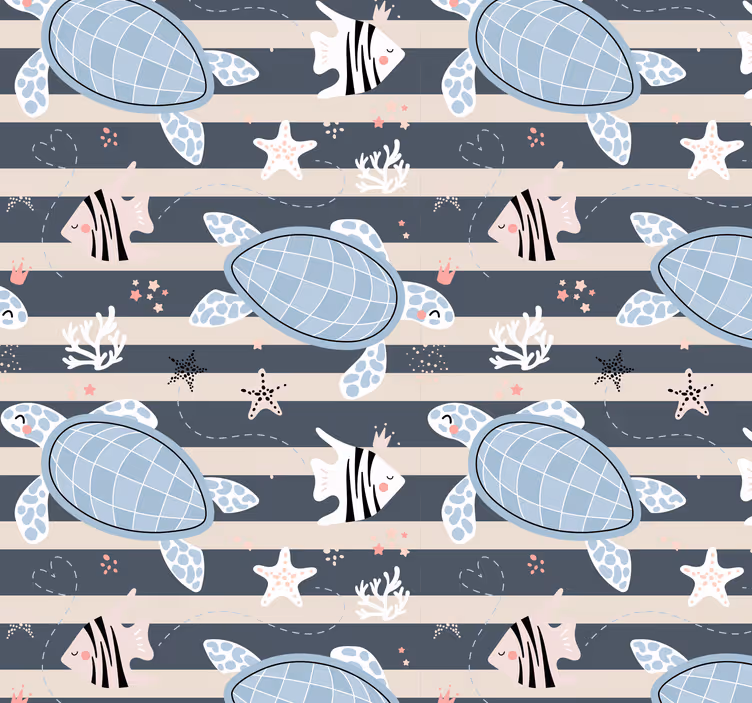 Papel pintado baño de rayas y tortugas - TenVinilo