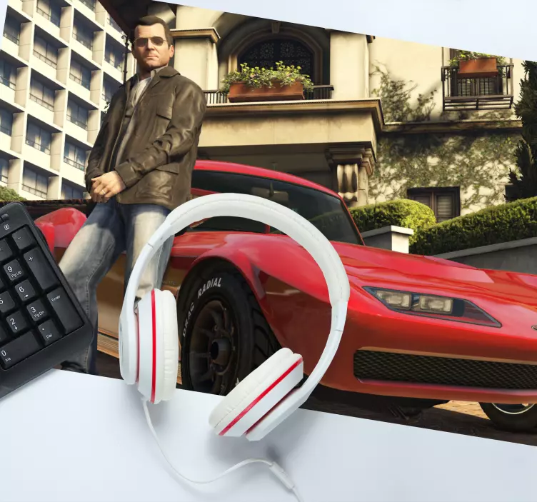 Alfombrilla ratón gaming personaje junto a vehículo rojo - TenVinilo