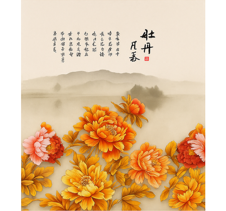 Estor enrollable salón arte paisajístico de peonías - TenVinilo