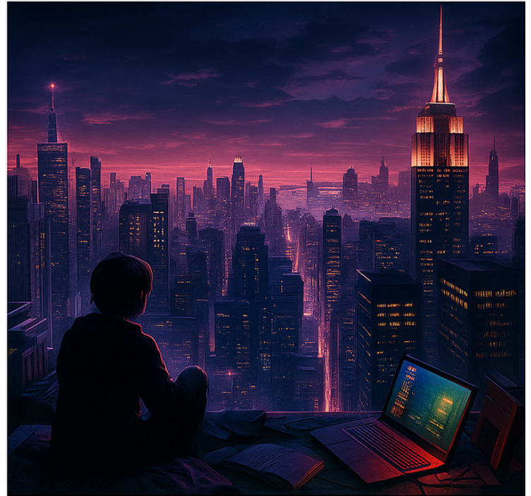 Estor enrollable gamer vista de jugador de rascacielos futurista - TenVinilo