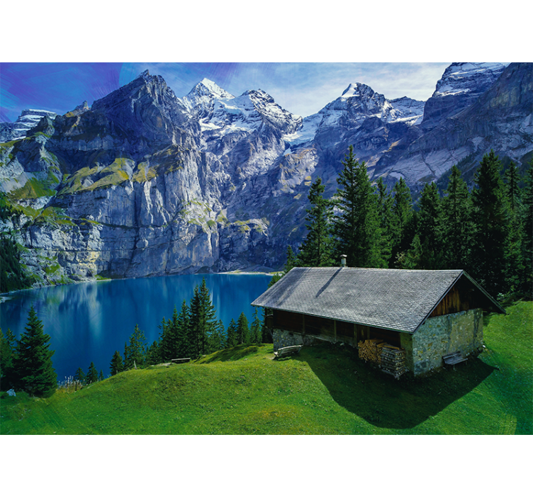 Estor enrollable salón cabaña junto al lago y montañas - TenVinilo