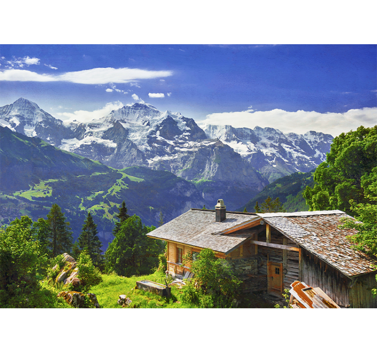 Estor enrollable salón montañas nevadas y campo verde - TenVinilo