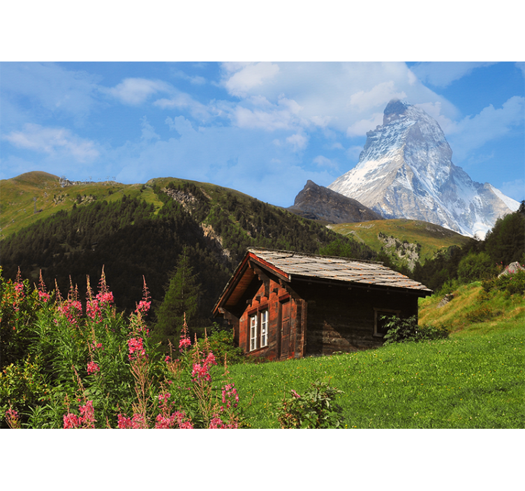 Estor enrollable salón campo verde con cabaña y montaña - TenVinilo