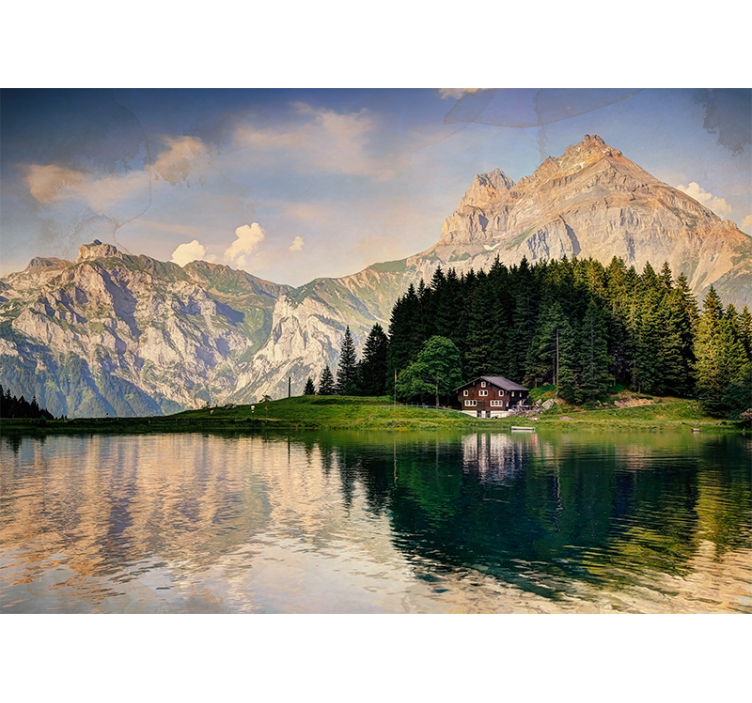 Estor enrollable salón casa junto al lago con montañas - TenVinilo