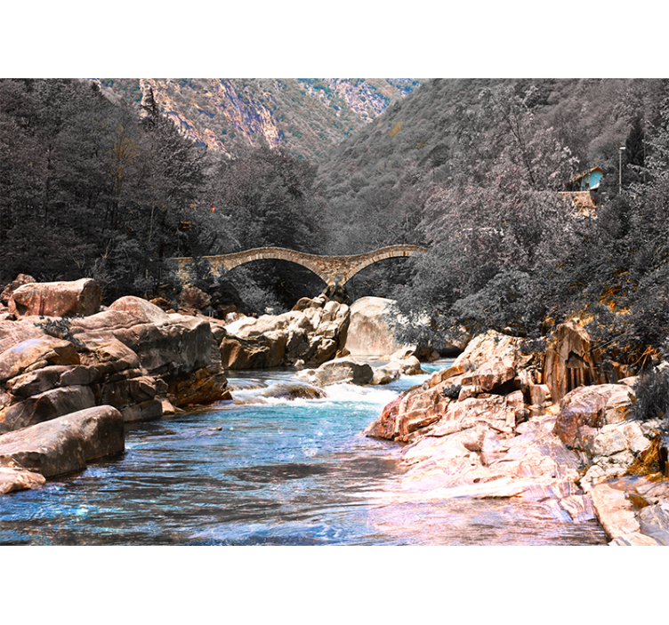 Estor enrollable salón río en el bosque con puente de piedra - TenVinilo