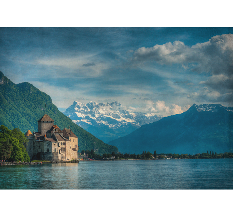 Estor enrollable salón castillo junto al lago con montañas - TenVinilo
