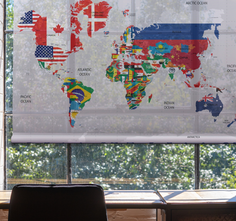 Estor enrollable salón mapamundi países con banderas - TenVinilo