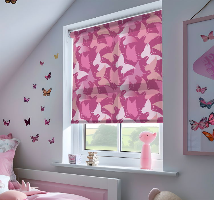 Estor habitación infantil enrollable mariposas fondo rosa - TenVinilo