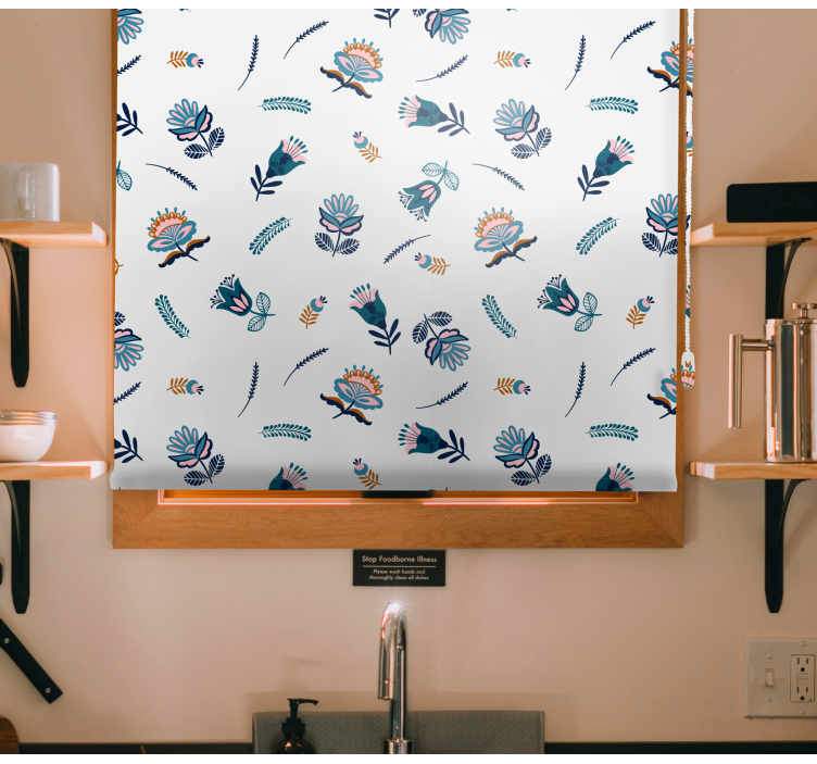 Estor estampado floral motivo de arte popular azul - TenVinilo