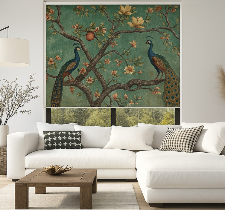 Estor enrollable salón tapiz ornamentado de pavo real - TenVinilo