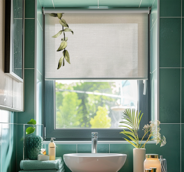 Estor enrollable baño imitación de lino blanco y rama de hojas - TenVinilo