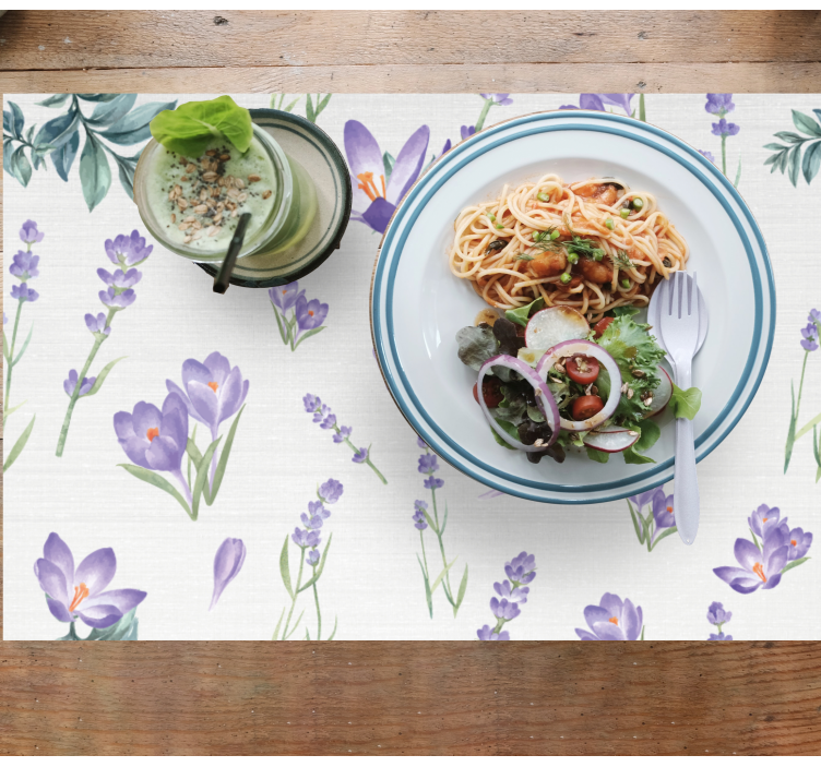 Mantel individual original Flores moradas con agua - TenVinilo