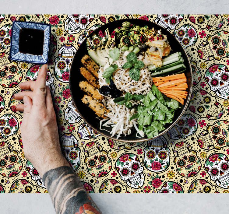 Mantel individual halloween patrón de calaveras colorido - TenVinilo