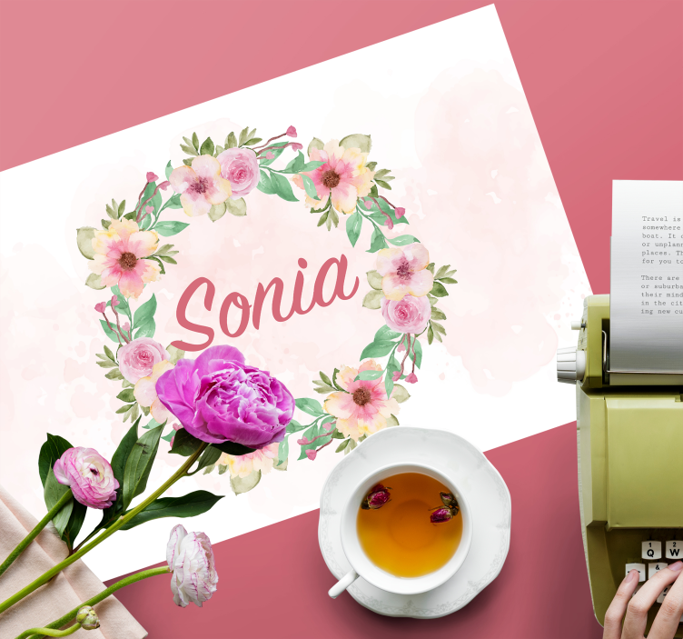 Mantel individual flores acuarela con nombre - TenVinilo