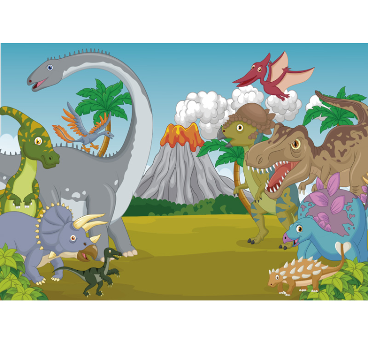 Mural infantil pared de dinosaurios y volcán - TenVinilo