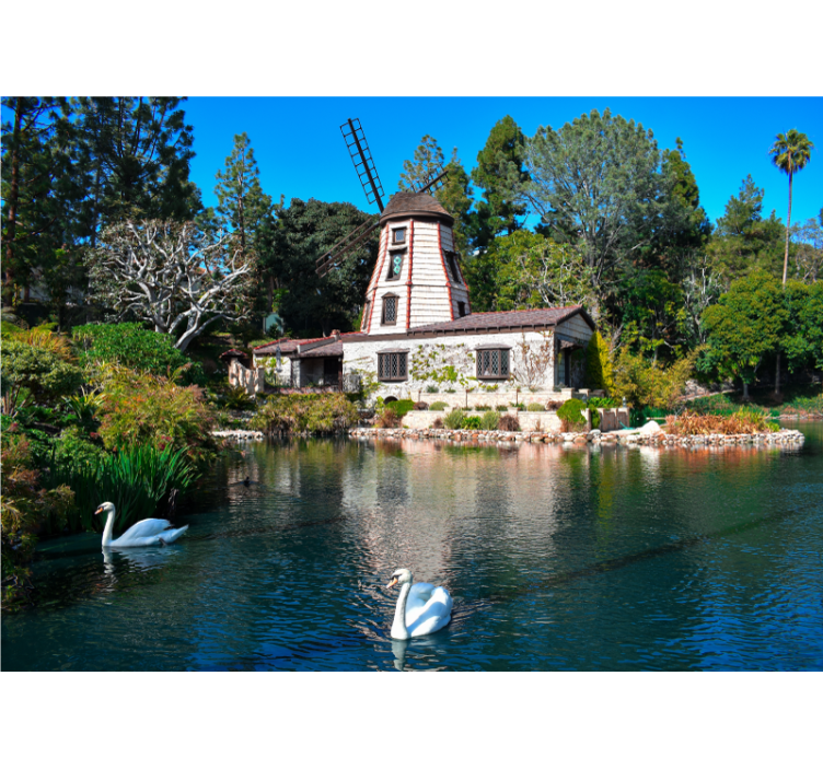 Papel pintado paisaje encantador refugio de molino de viento - TenVinilo