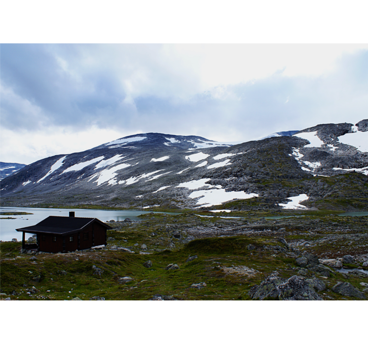 Papel pintado paisaje refugio en lago de montaña - TenVinilo