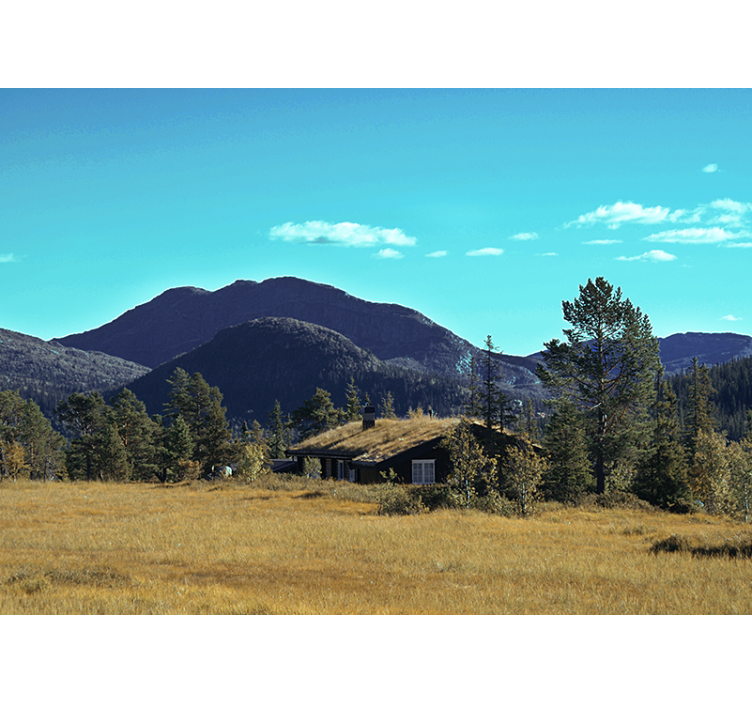 Papel pintado paisaje refugio de cabaña en montaña - TenVinilo