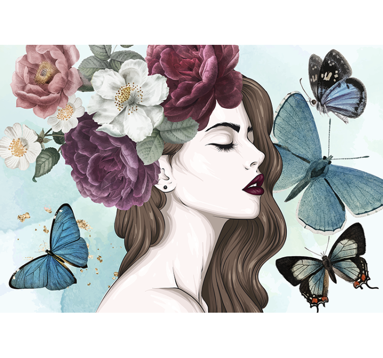 Mural de pared flores mujer con mariposas - TenVinilo