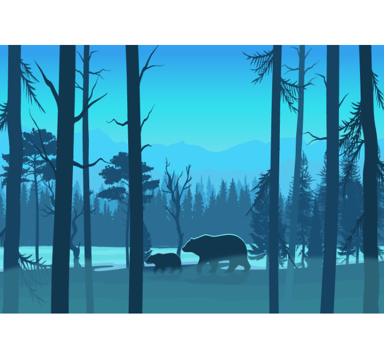 Mural infantil pared de bosque frondoso dibujado con osos - TenVinilo