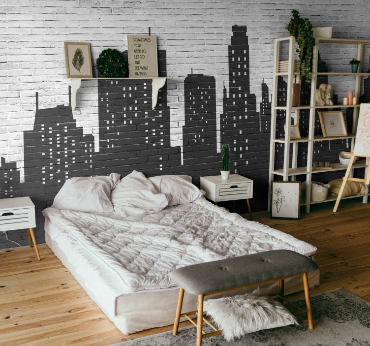 Papel pintado dormitorio ciudad de ladrillo con skyline - TenVinilo