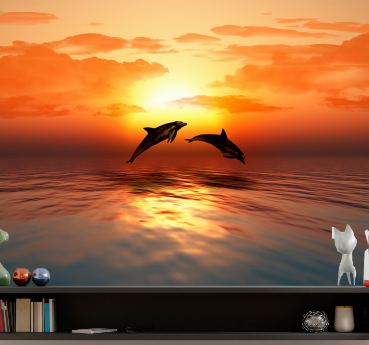 Fotomural animales delfines saltando al atardecer - TenVinilo