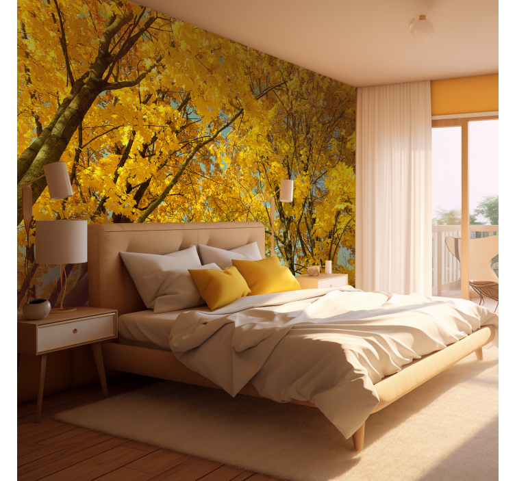 Papel pintado paisaje árbol otoñal hojas amarillas - TenVinilo