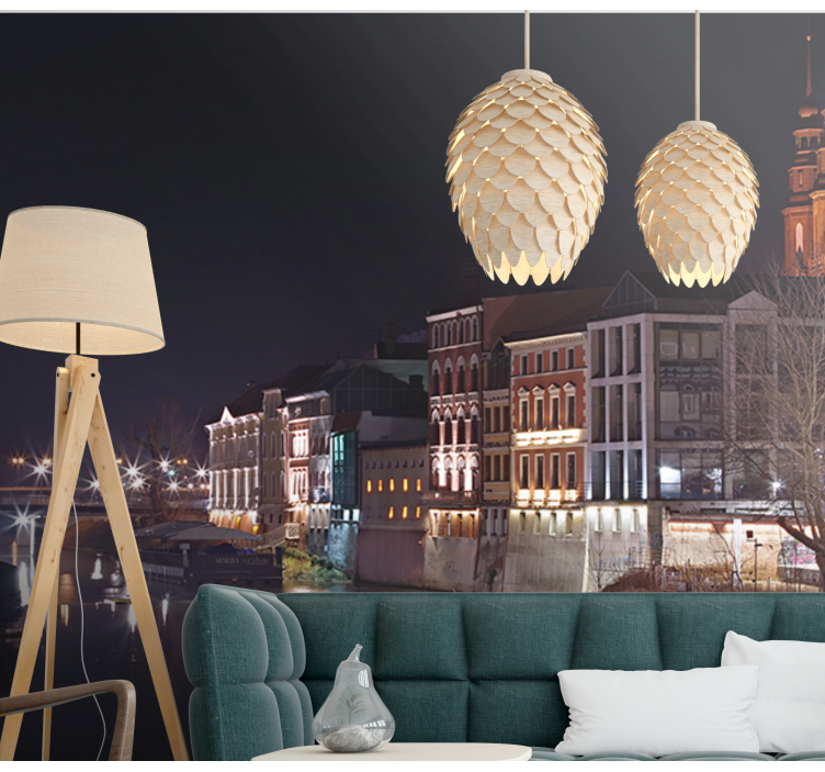 Fotomural ciudad arquitectura ribereña iluminada - TenVinilo