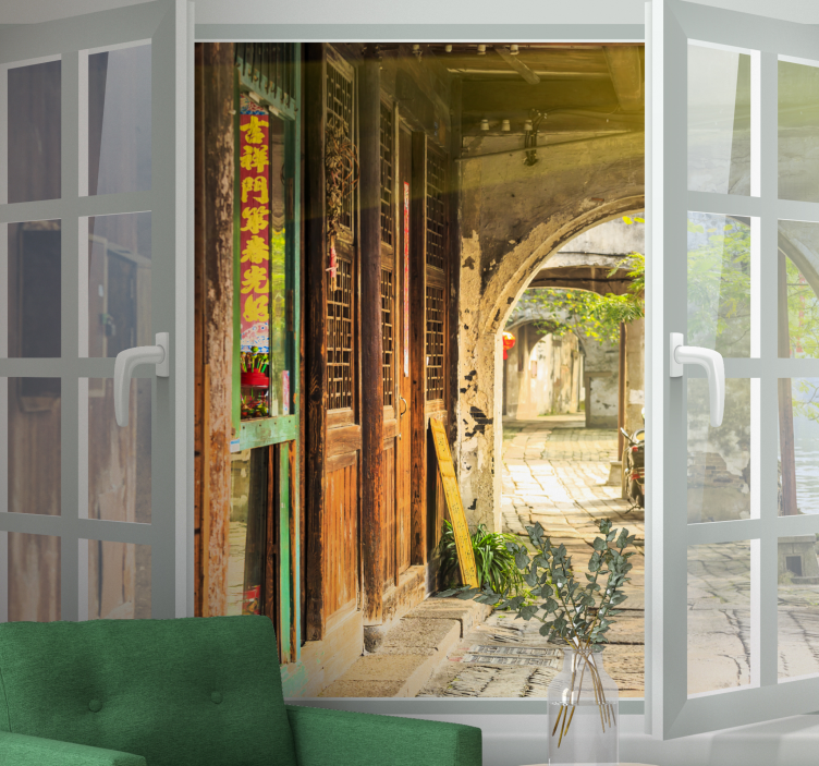 Fotomural ciudad escena de callejón encantador - TenVinilo