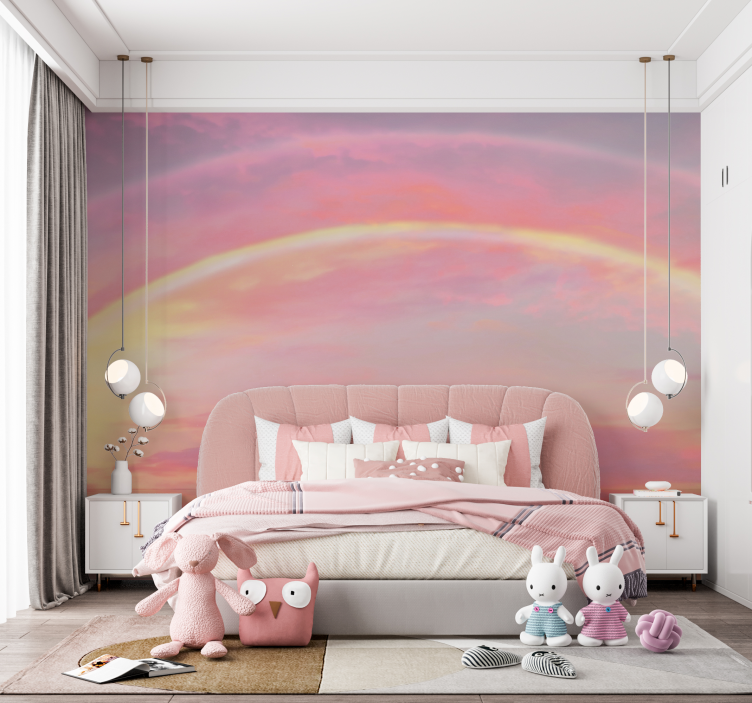 Mural infantil cielo rosa con arcoiris - TenVinilo