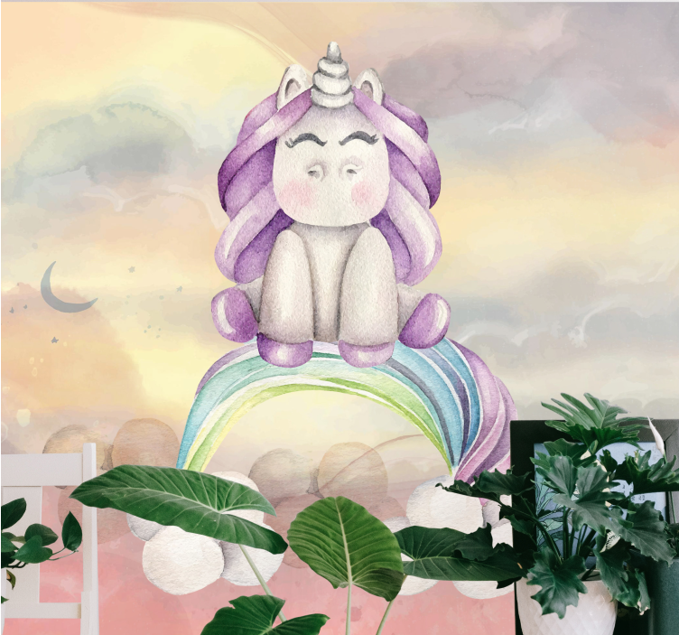 Fotomural fantasía unicornio y arcoíris adorable - TenVinilo