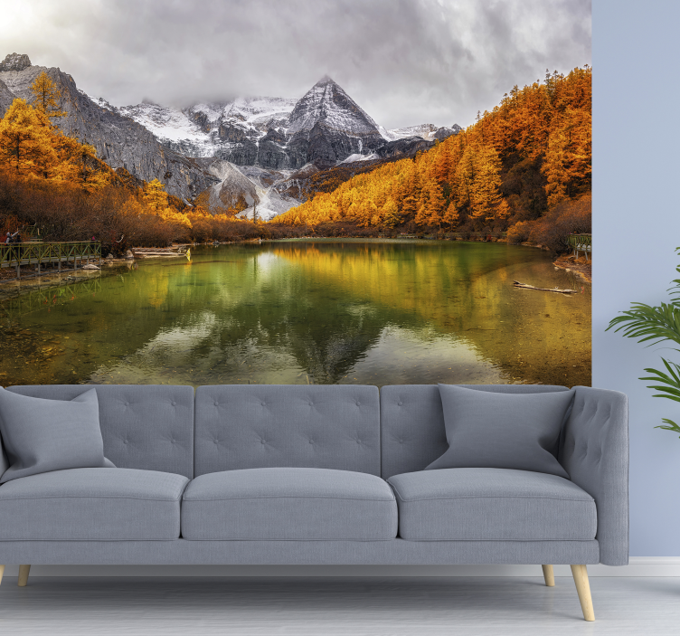 Papel pintado 3D lago con paisajes de montaña - TenVinilo