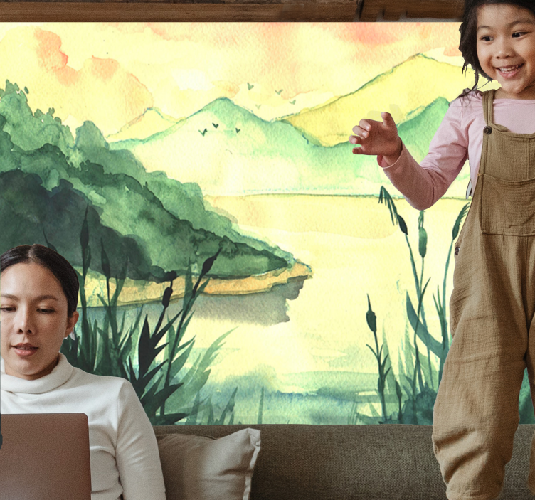 Fotomural lago paisaje sereno dibujado a mano - TenVinilo