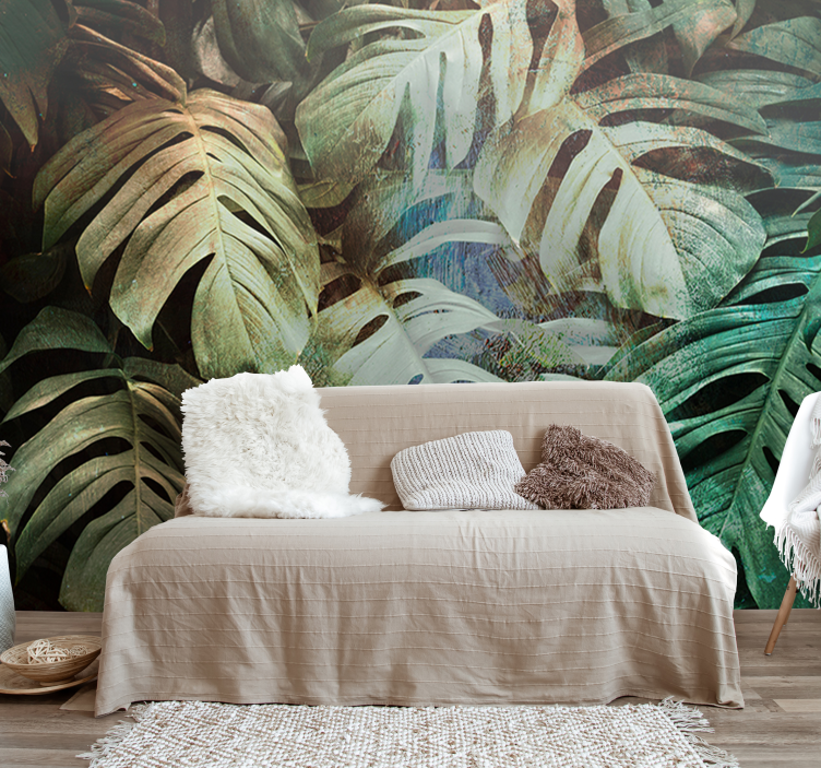 Papel pintado dormitorio hojas verdes tropicales - TenVinilo