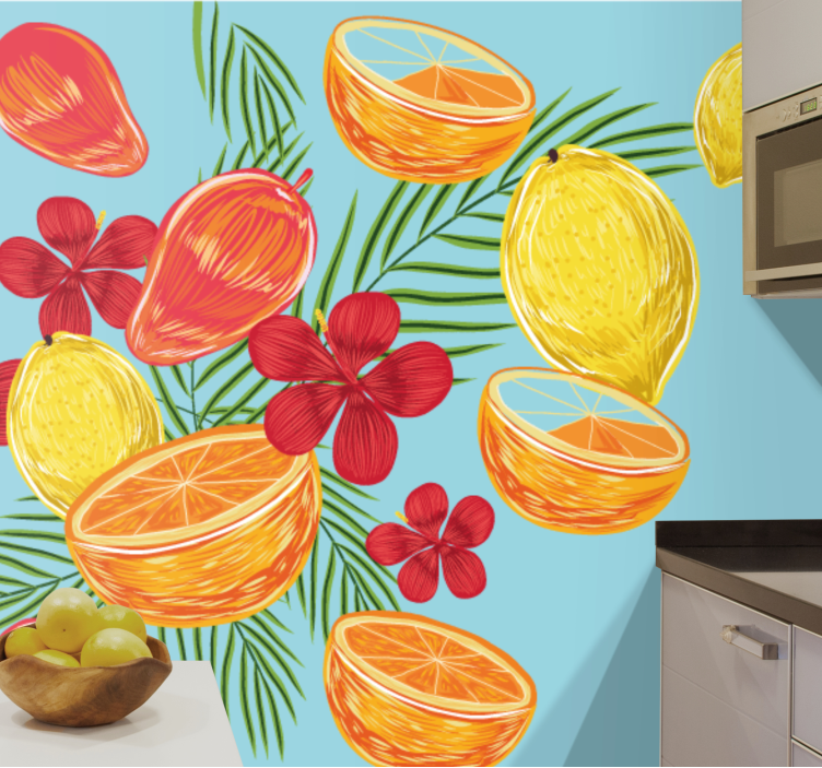 Mural de pared flores arreglo de frutas tropicales - TenVinilo