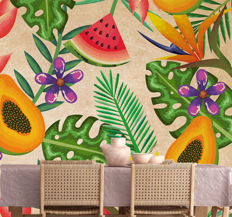 Mural de pared flores con patrones de frutas tropicales - TenVinilo