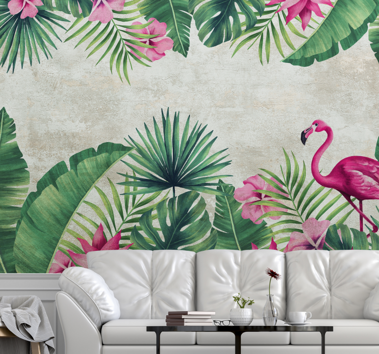 Mural de pared flores flora tropical flamingo - TenVinilo