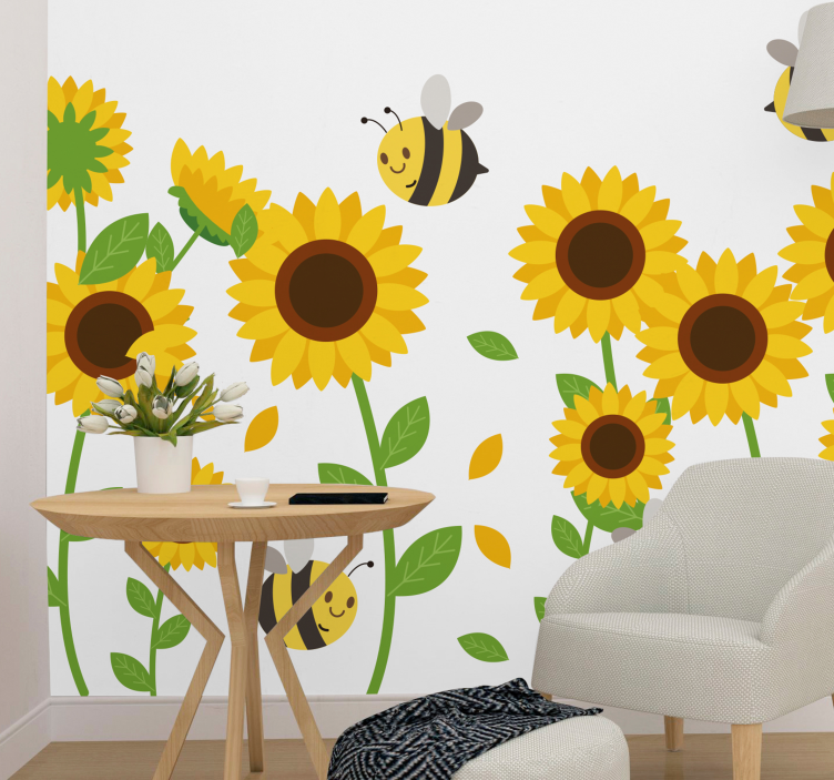 Mural de pared flores girasoles alegres y abejas - TenVinilo
