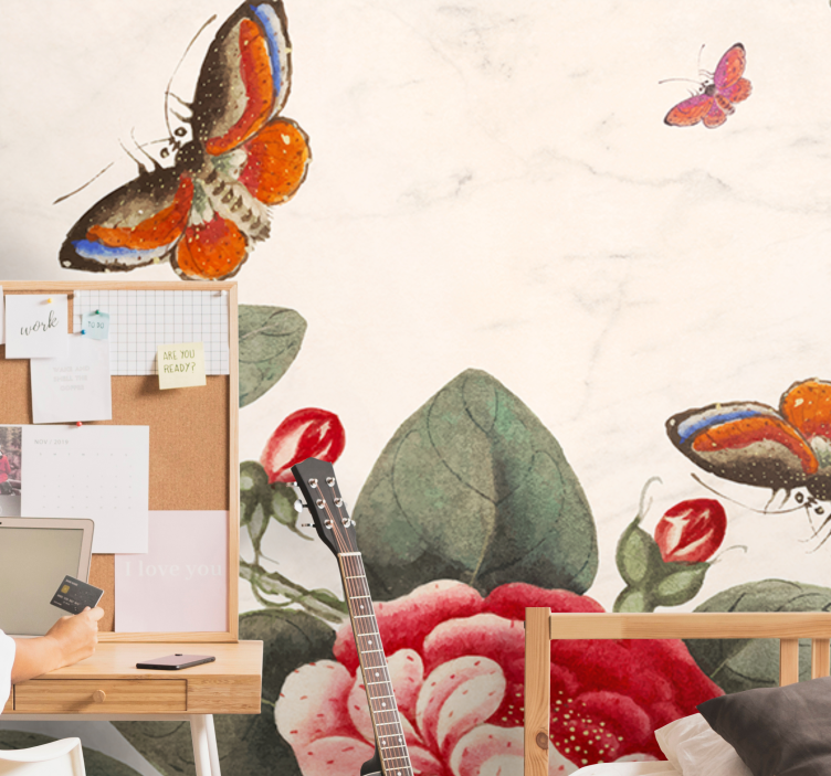 Mural de pared flores insectos y flores revoloteando - TenVinilo