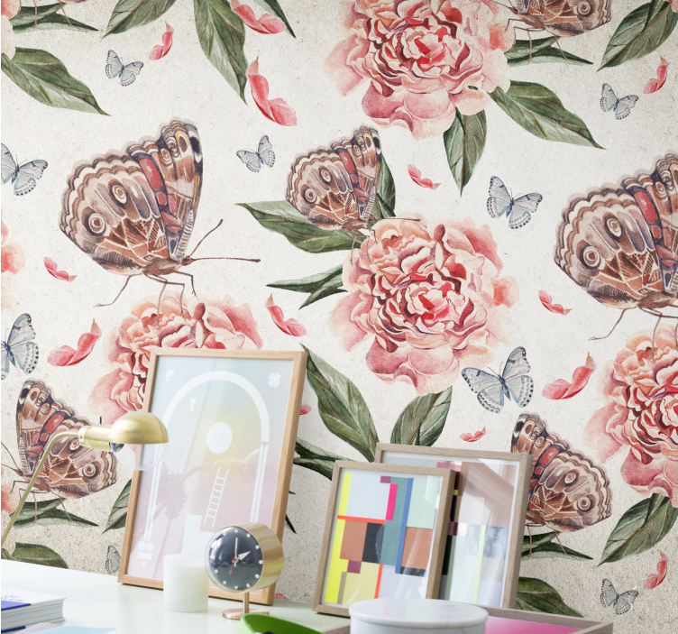 Mural de pared flores mariposas y peonías - TenVinilo
